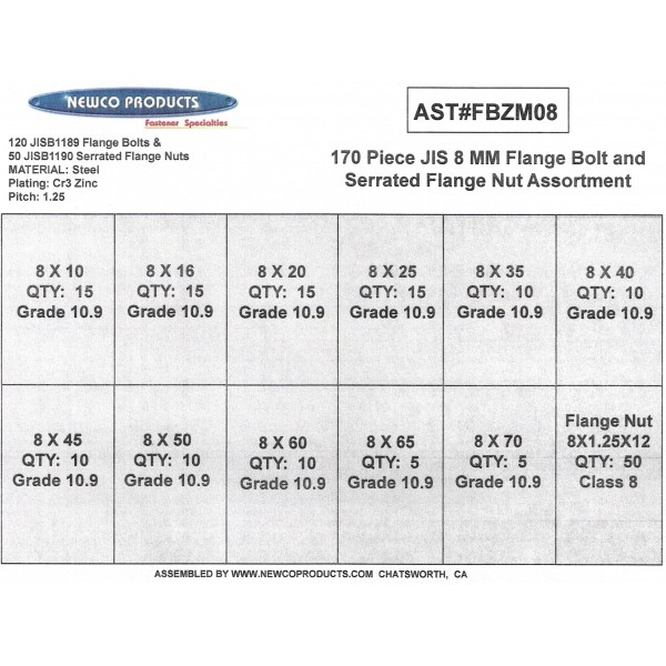 AST#FBZM08 JIS 8 MM Flange Bolt and Serrated Flange Nut Assortment