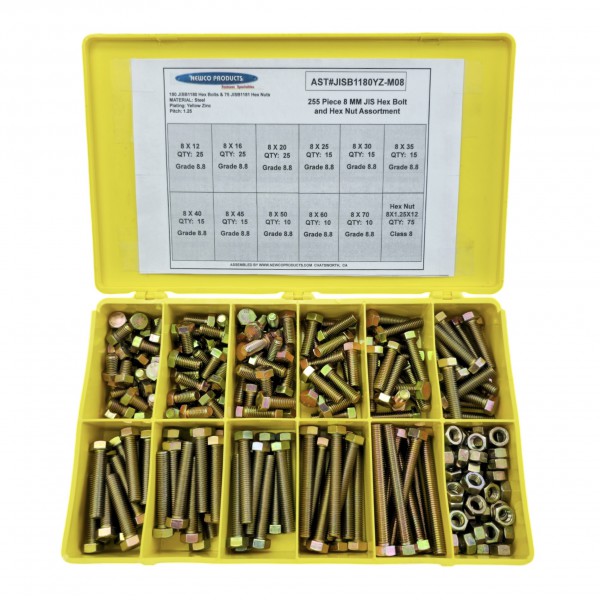 AST#JISB1180YZ-M08 255 Piece 8 MM JIS Hex Bolt and Hex Nut Assortment