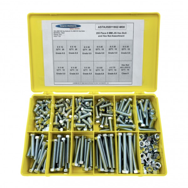 AST#JISB1180Z-M08 255 Piece 8 MM JIS Hex Bolt and Hex Nut Assortment